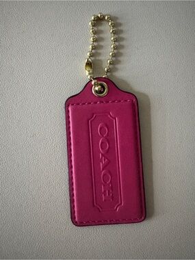 Vintage large Coach Pink Leather Tag Keychain with Gold Chain